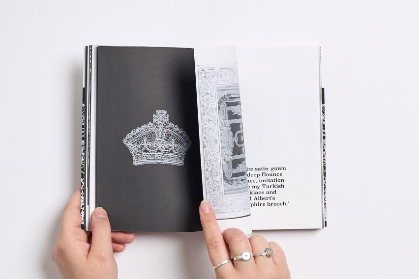 Hands leafing through book containing pictures and text about lace