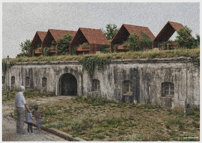 Illustration of an old fort with contemporary architecture features