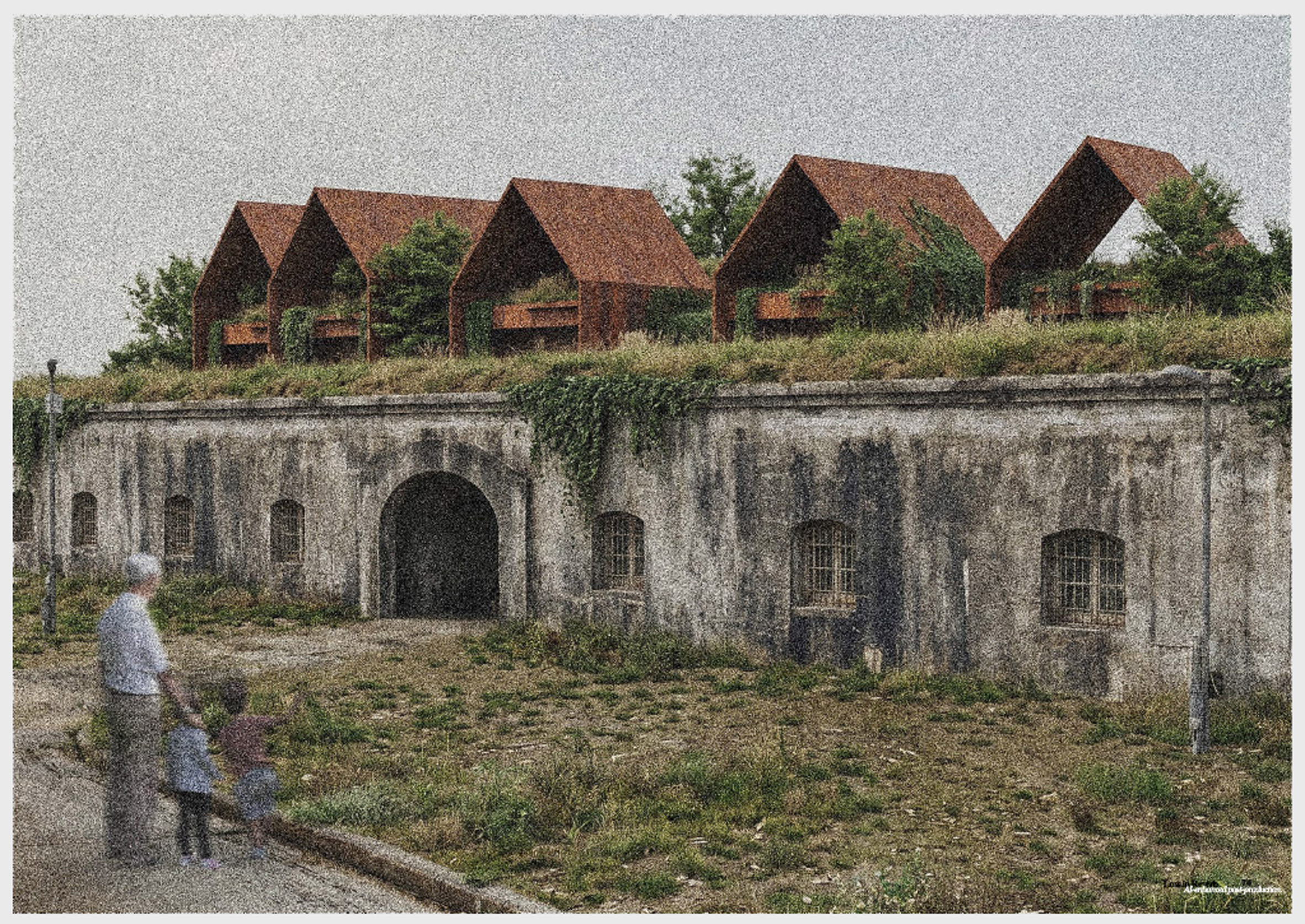 Illustration of an old fort with contemporary architecture features