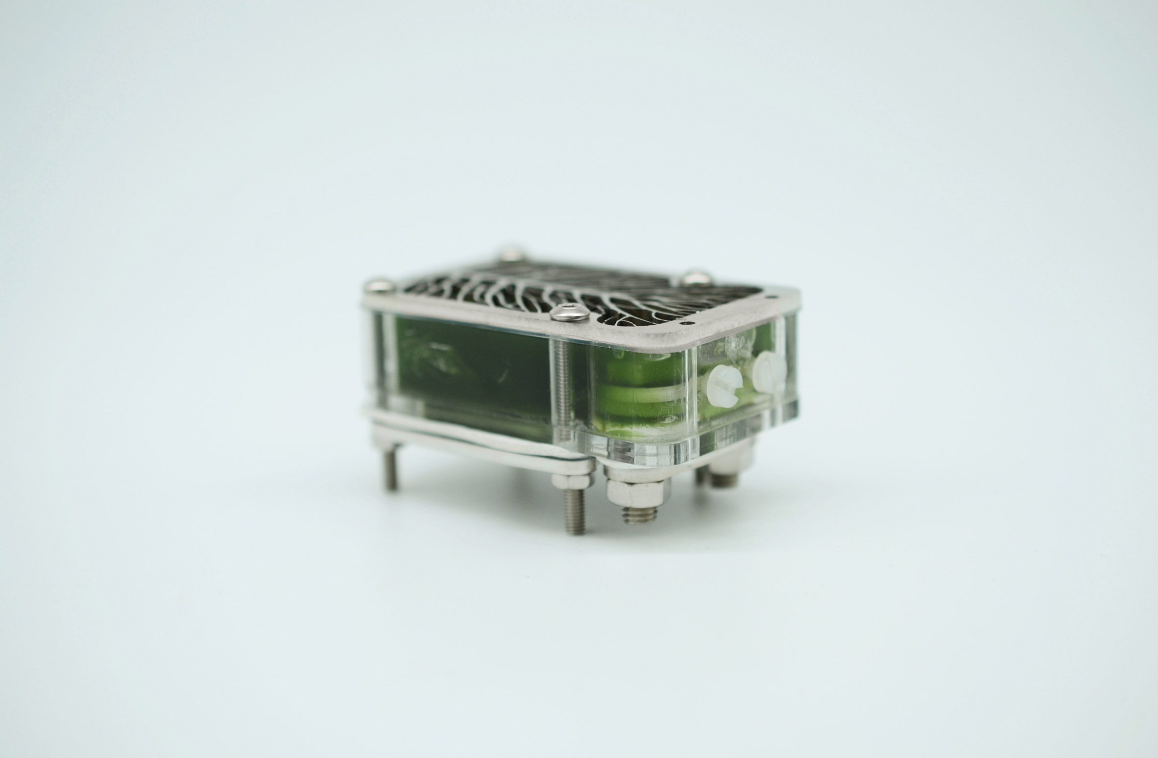 Photo of the University of Cambridge's algae biocell on its side showing a transparent domino-shaped case held together by thin metal plates and screws and filled with green goo
