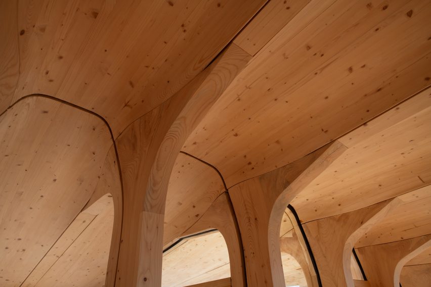 Close-up of branching timber columns merging into the wooden ceiling