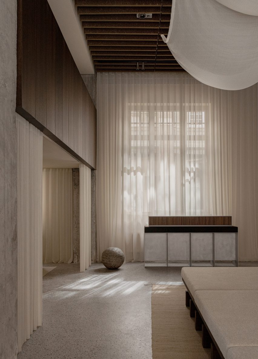 Showroom with white curtains