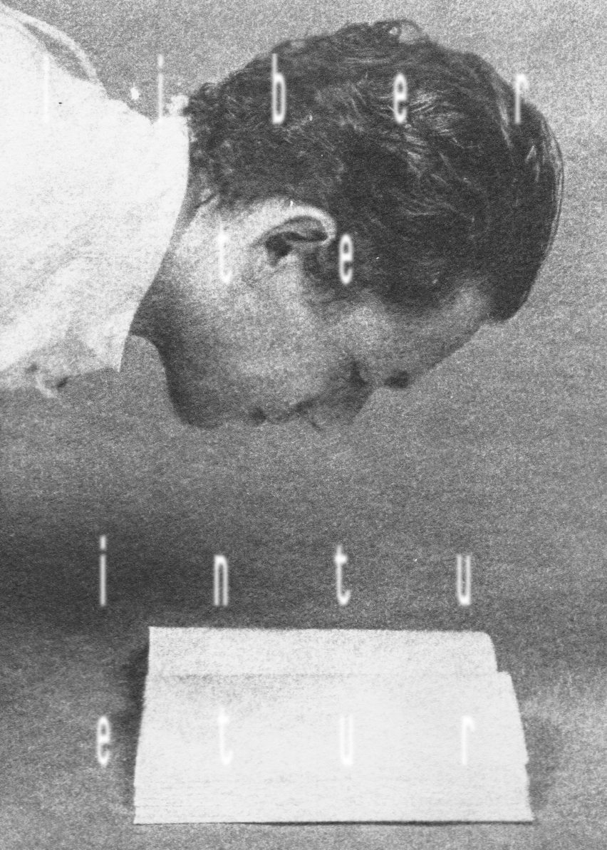 Grainy greyscale photograph of someone peering at a book from above with overlaid text