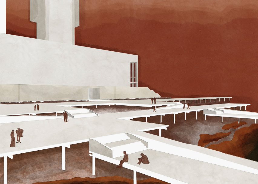 Painterly visualisation showing large seaside building