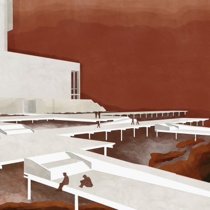 Painterly visualisation showing large seaside building