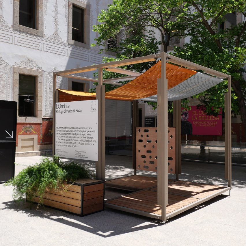 Temporary informational pavilion structure in sunny square