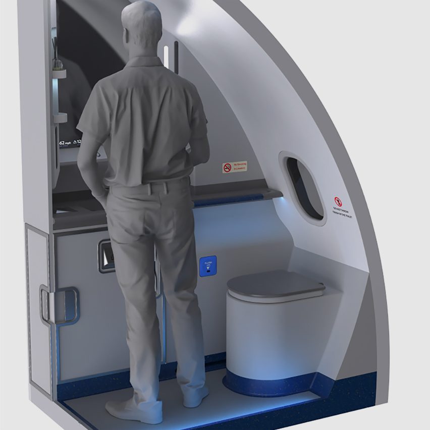 a diagram of a person in an aeroplane toilet