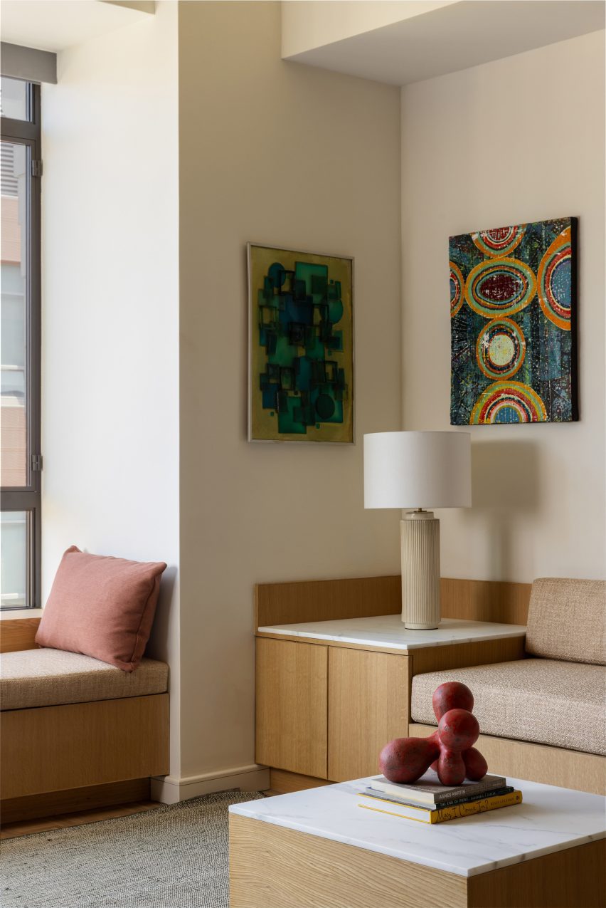 Custom built-in furniture in a living area that's designed for hosting parties