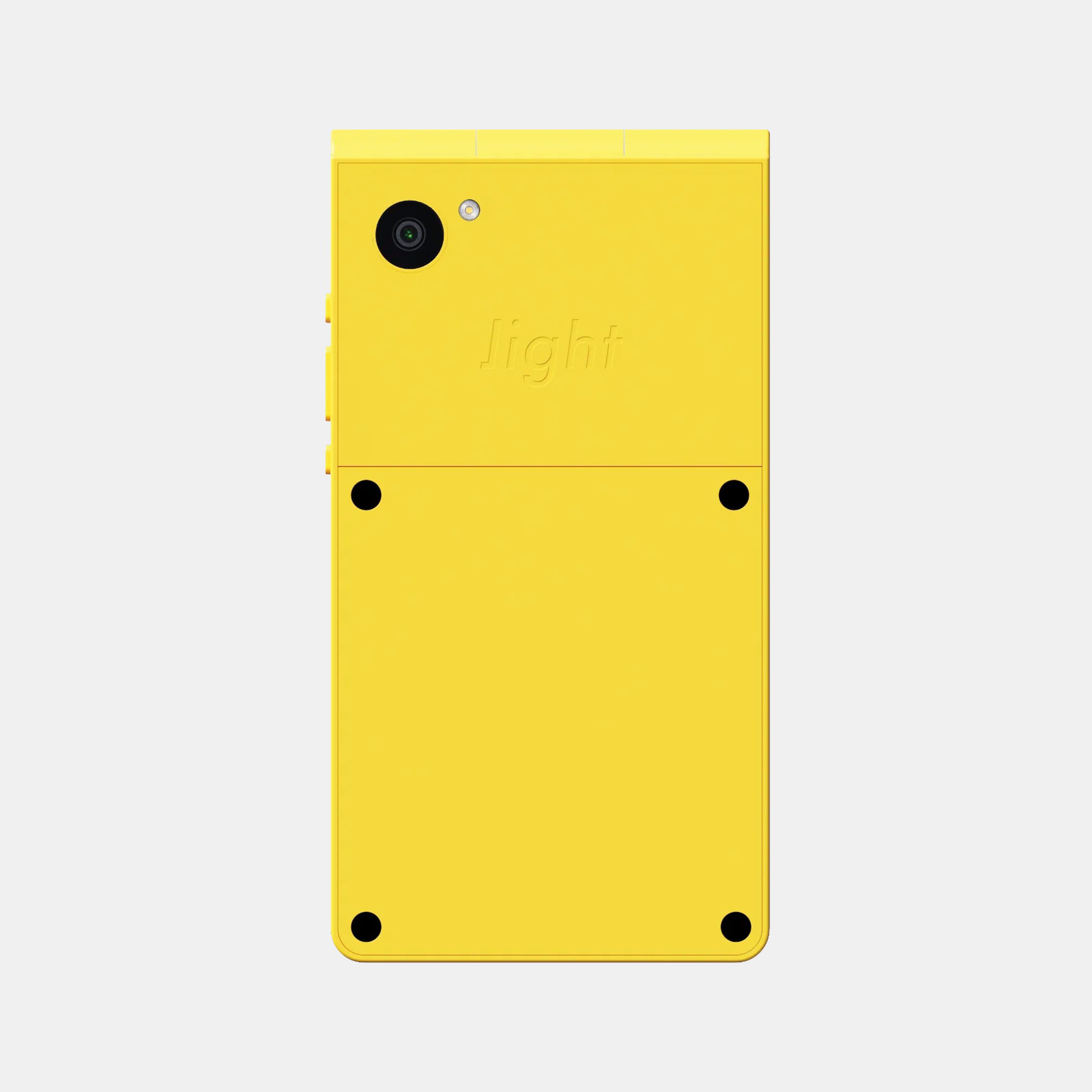 Image of the rear of a yellow Light Flip phone, showing a case with a single camera lens at the top and four mini black screws on a removable back panel
