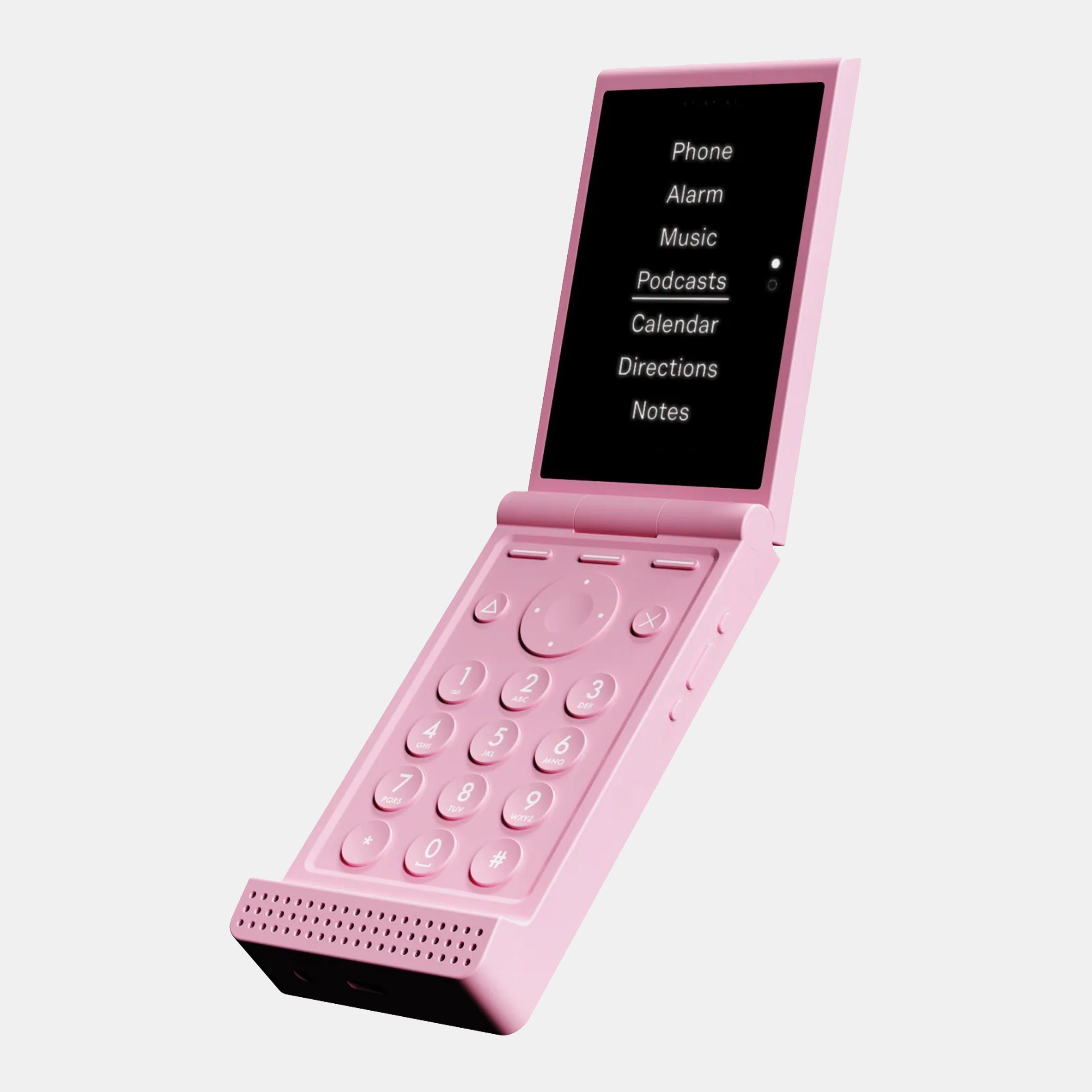 Image of the pink Light Flip phone showing the numerical keypad in a monochrome colour scheme with the black-and-white operating system on the screen