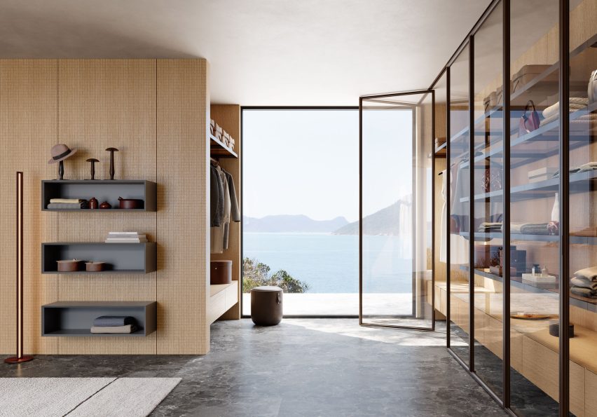 Photo of a modern room clad in light wood panelling from a Lualdi architectural system