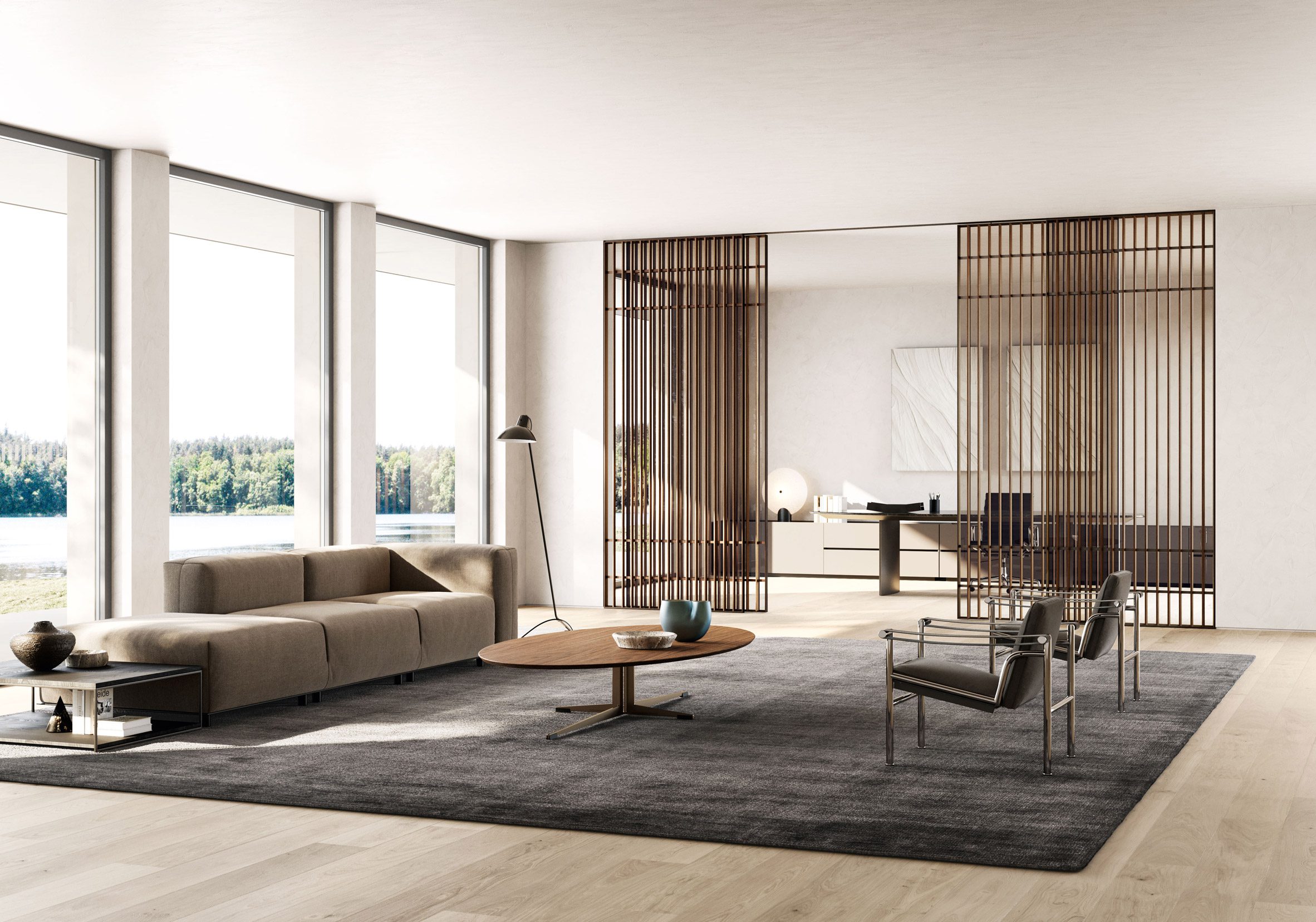 A contemporary lounge room featuring the Lualdi Koan Light system partitioning the next room with glass and wooden slats