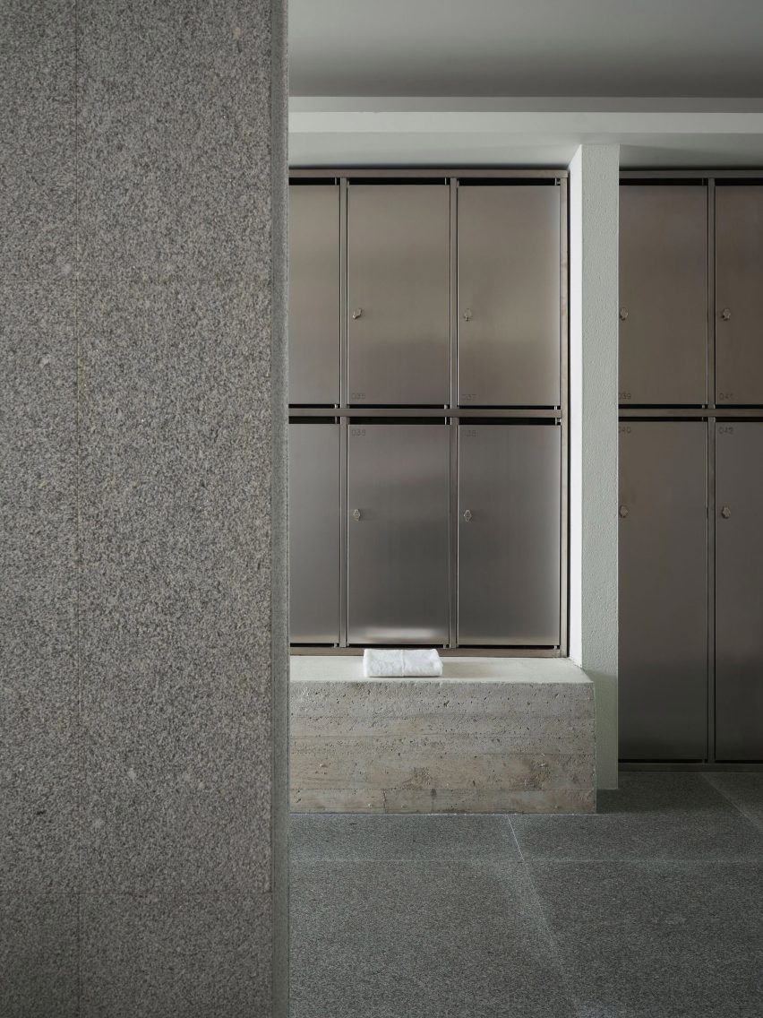 Metal lockers and concrete bench