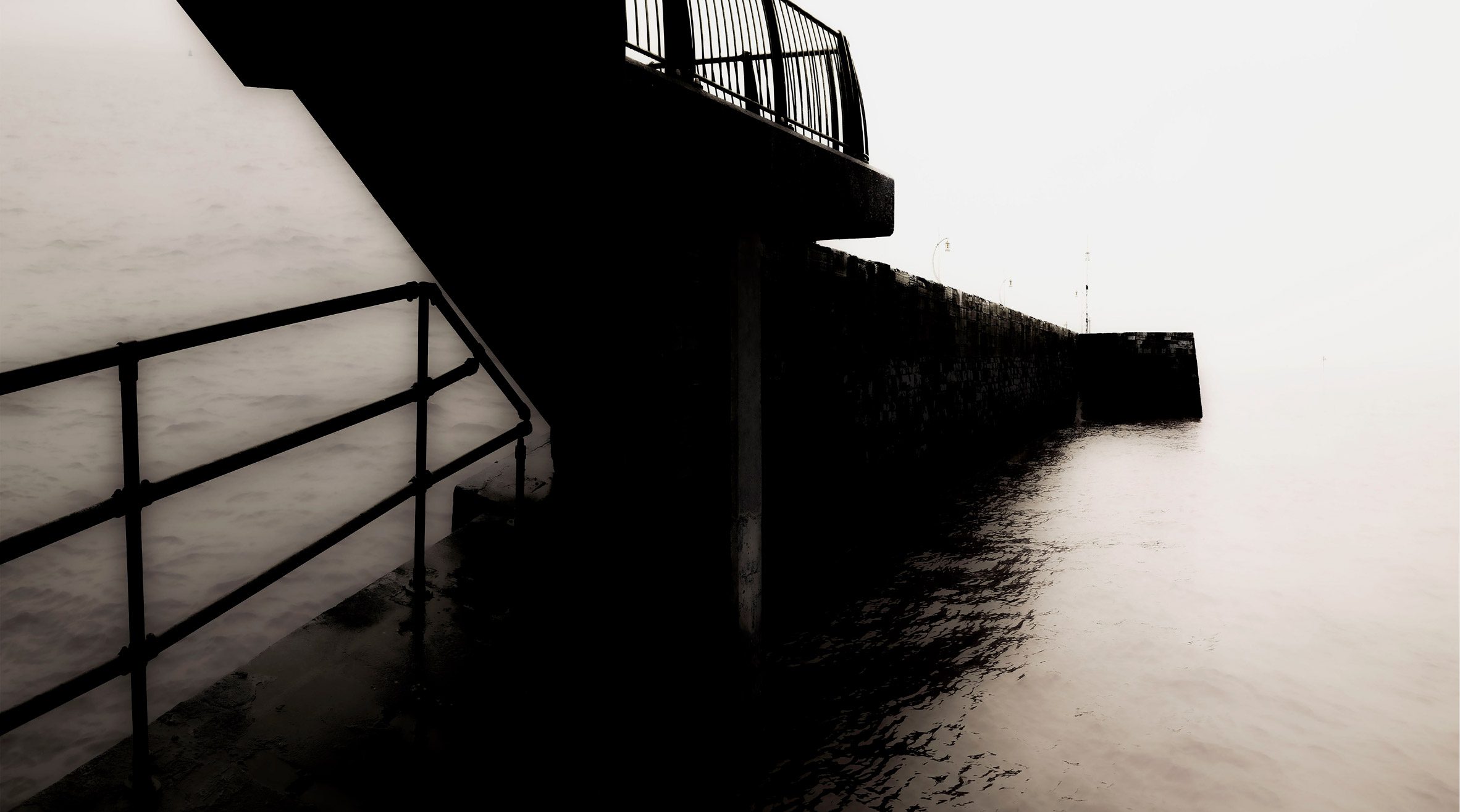 Image of a structure with railing descending into a body of water