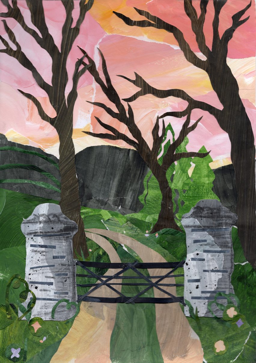 Collage-style image of a stone gate and trees
