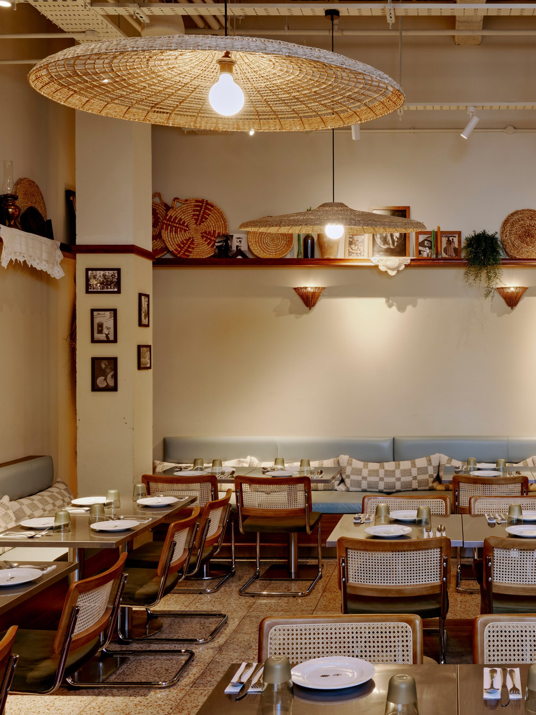 Basket-woven lamps in London restaurant
