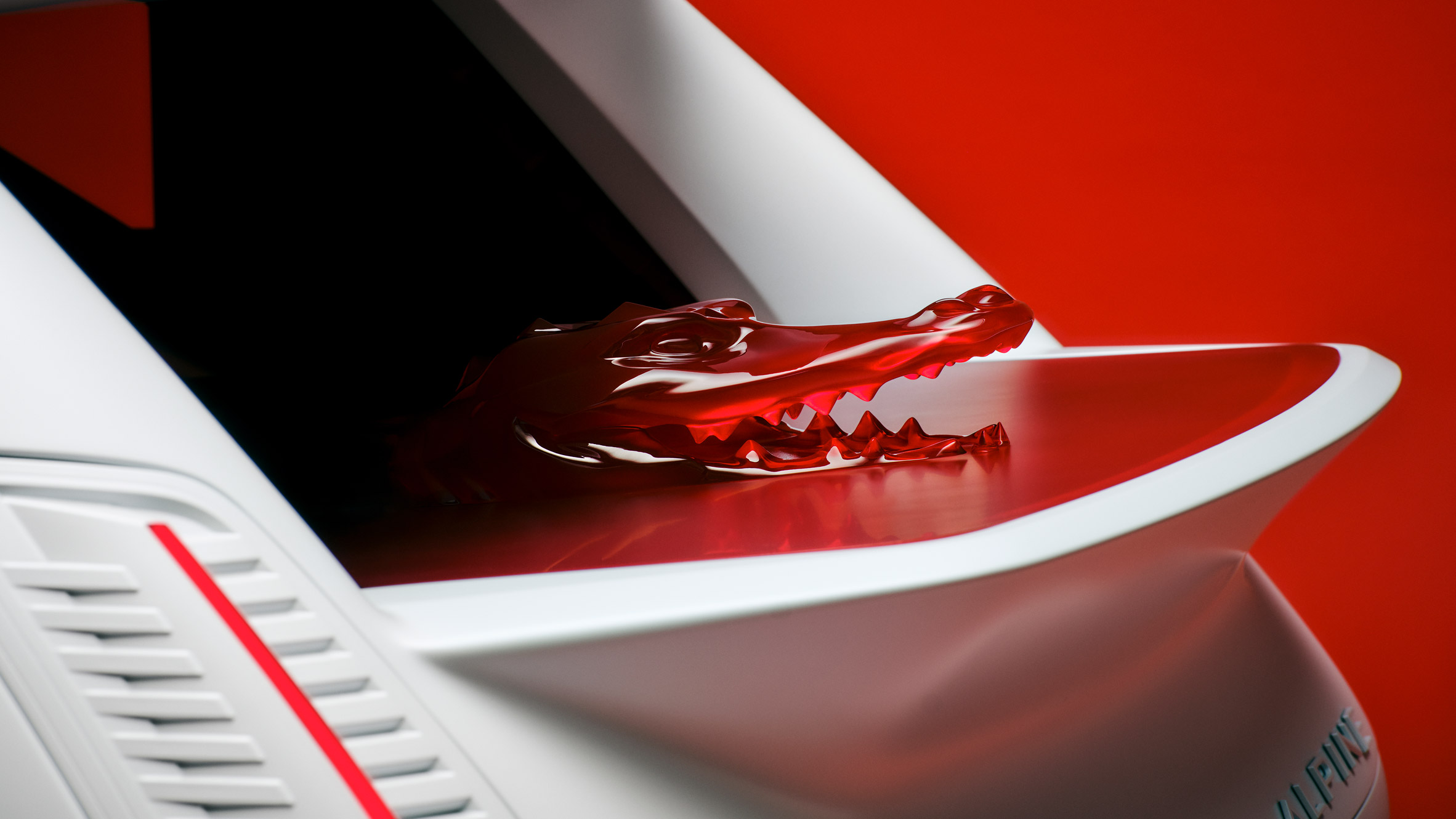 Red resin crocodile in a car