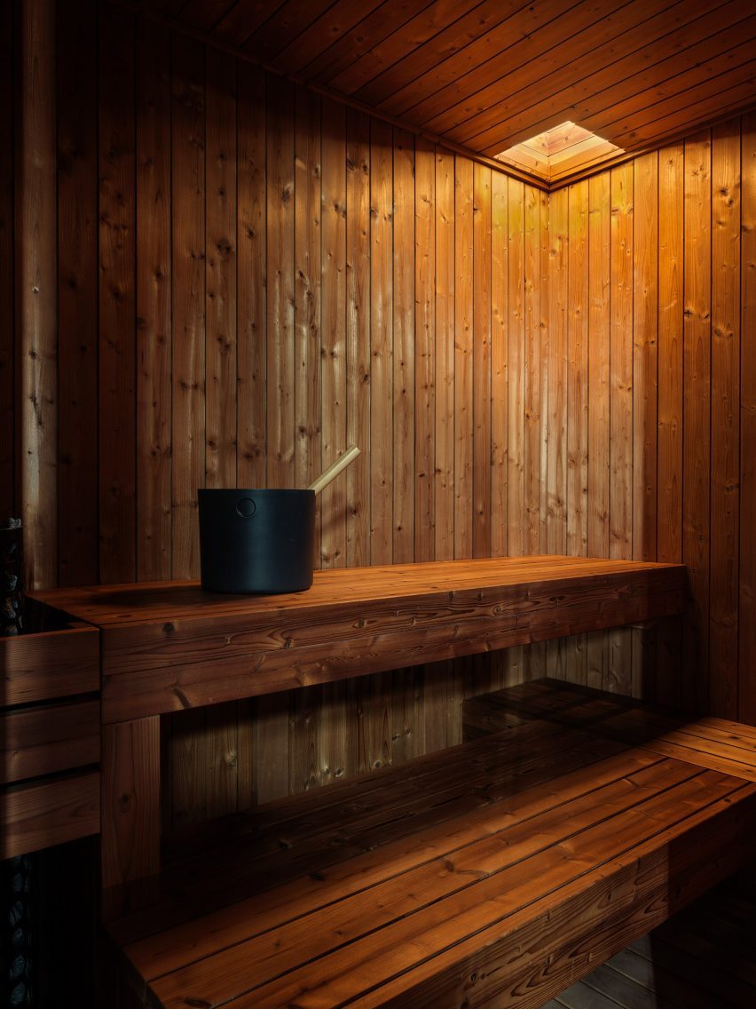 Pale-grained, naturally fragrant cypress lines a sauna interior