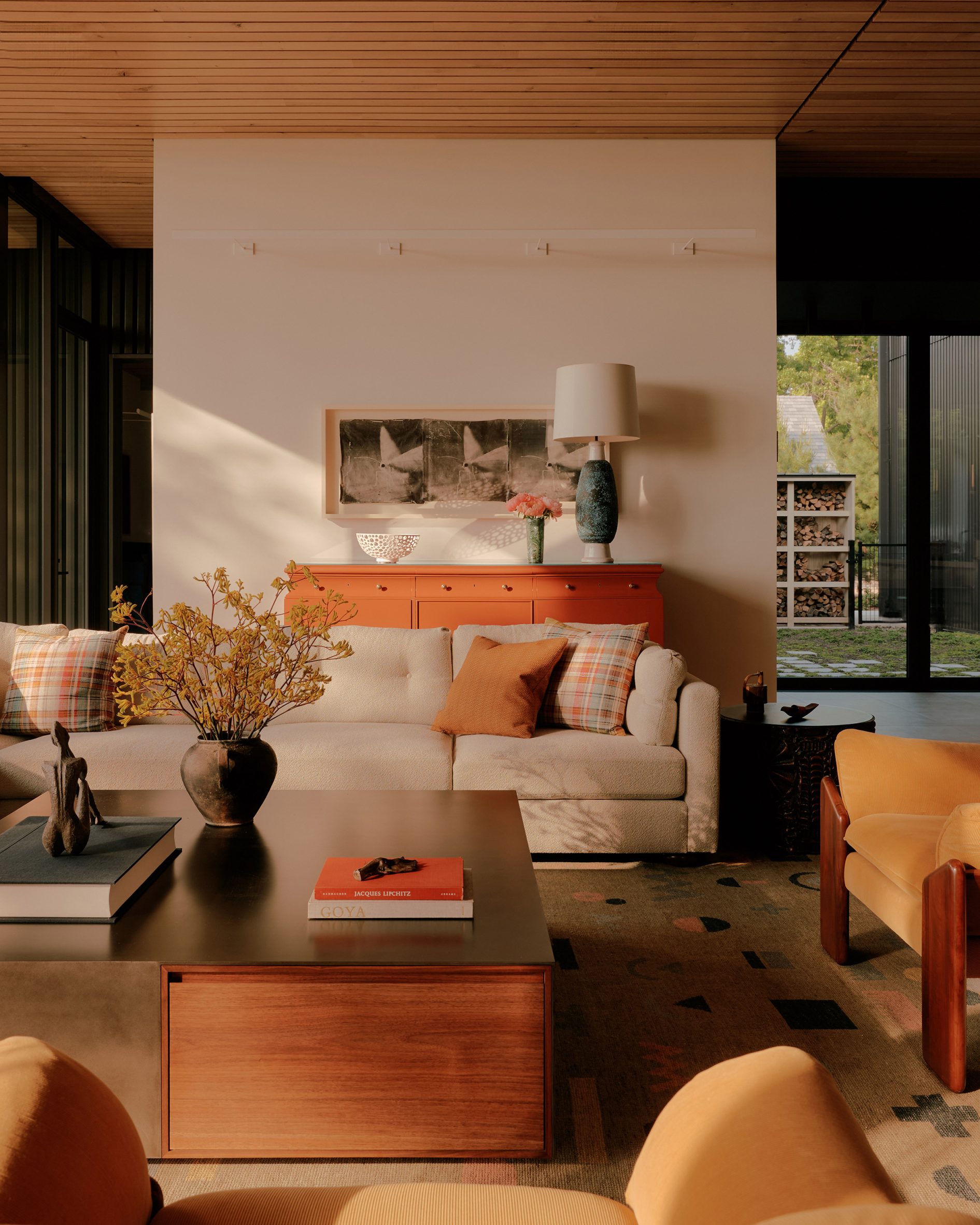 Living room with a timber-line ceiling in the USA