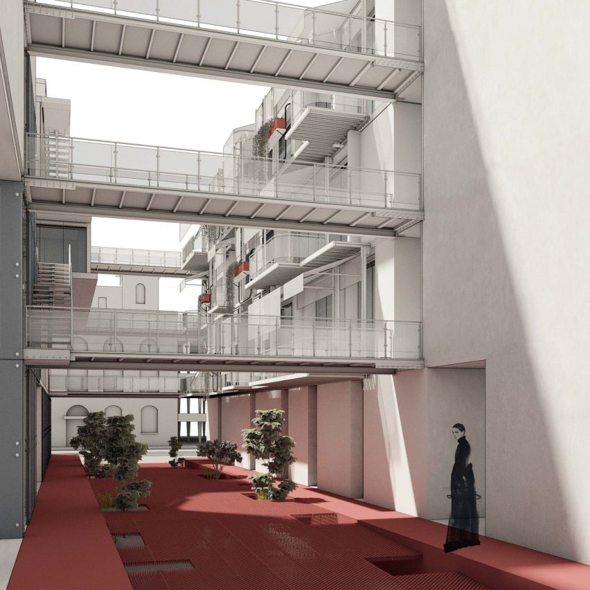 an image of a building in tones of red and white
