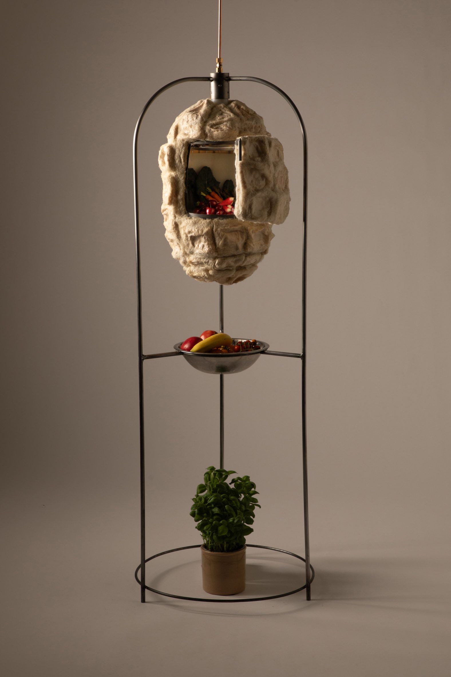 Photo of the Xero Cool prototype refrigerator showing a capsule made of bacterial cellulose xerogel and felted wool suspended in a frame with fruit bowl below and a plant below that. The fridge is open to show a small mountain of fresh produce