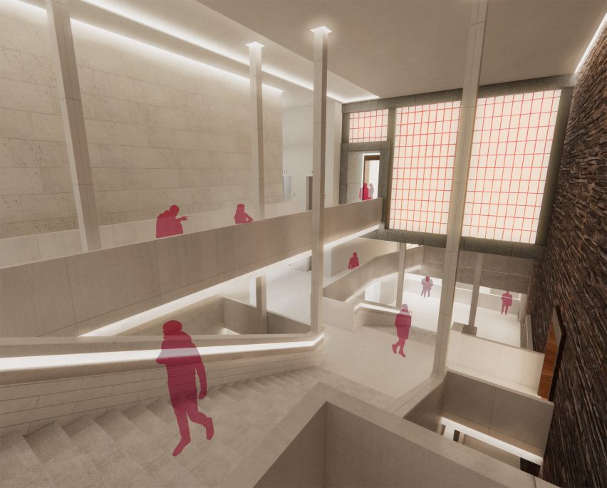 Render of a museum with pink figures