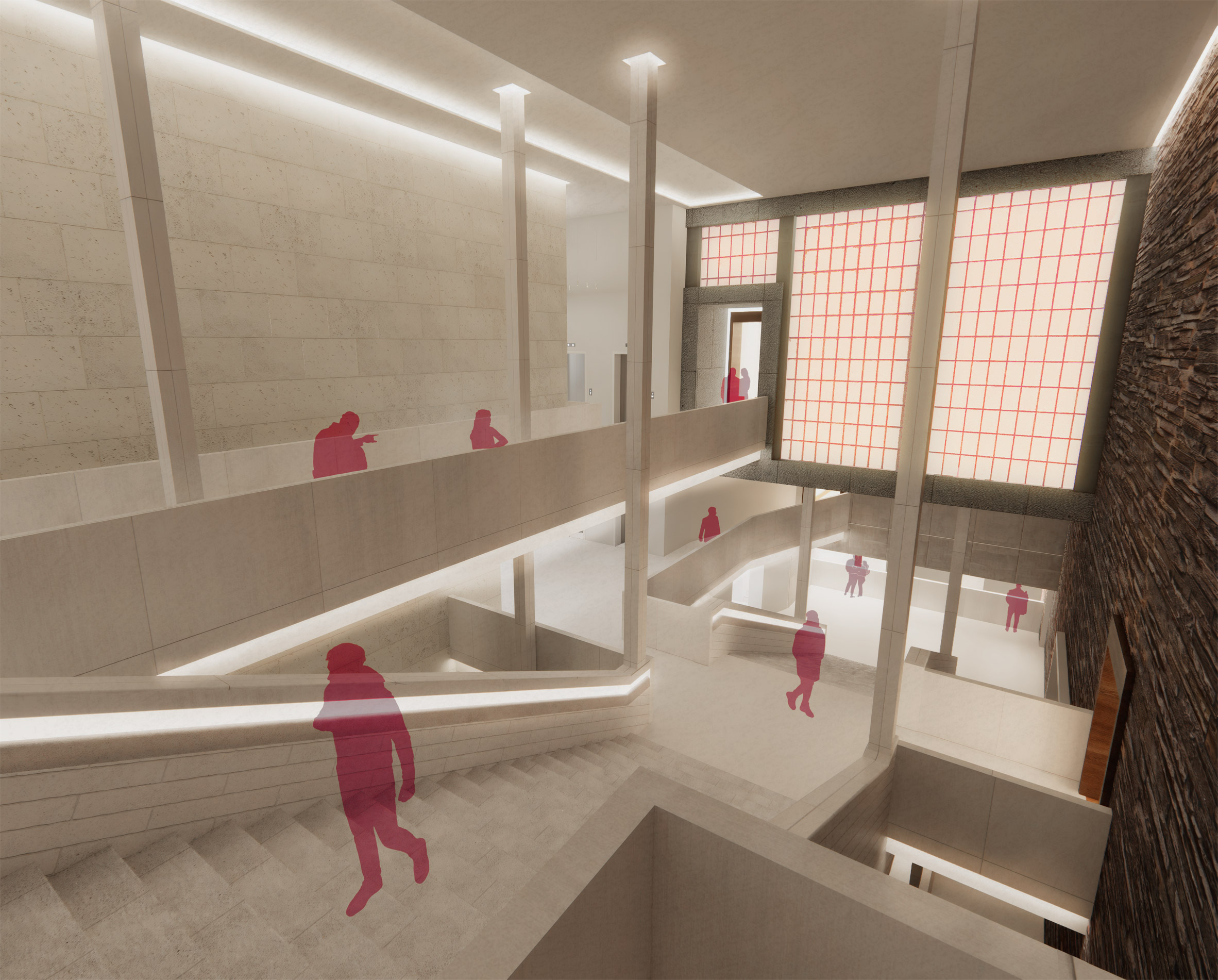 Render of a museum with pink figures