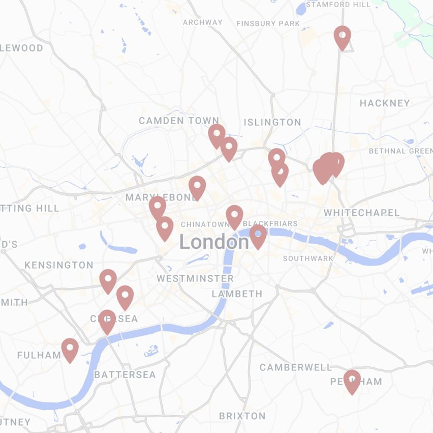 Map of London with pink pins