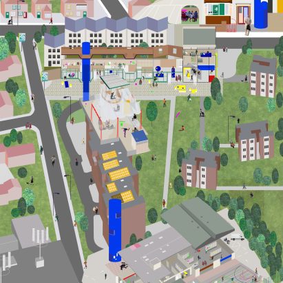Colourful digital illustration of an urban space