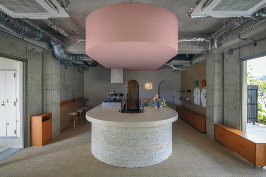 Pink ceiling above cafe counter
