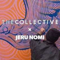 Photo of person painting a mural with text overlay