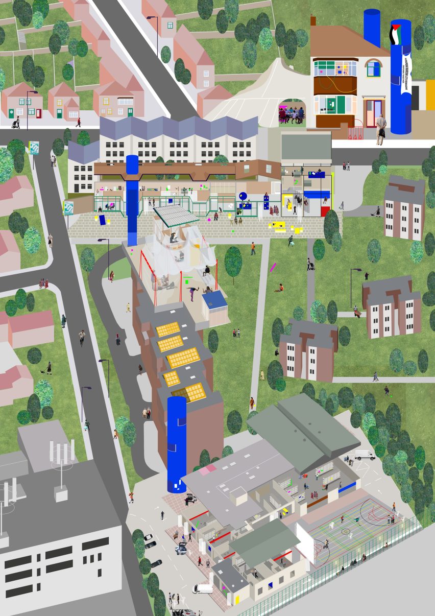 Colourful digital illustration of an urban space