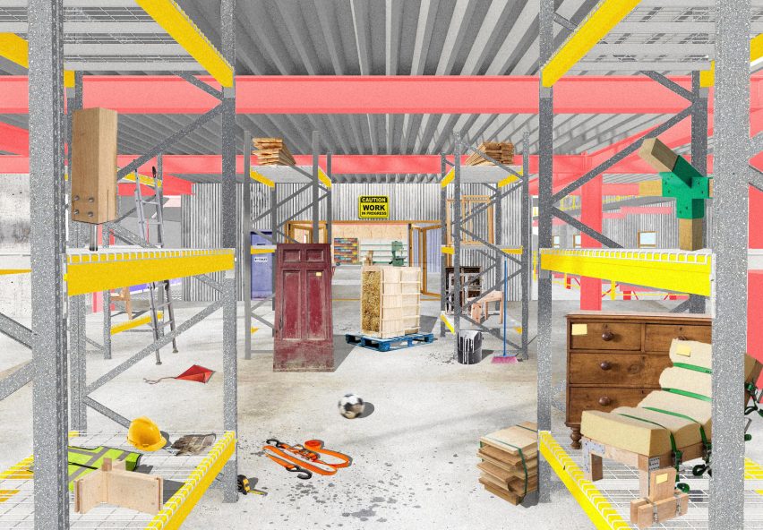 Architectural illustration of an abandoned makers space