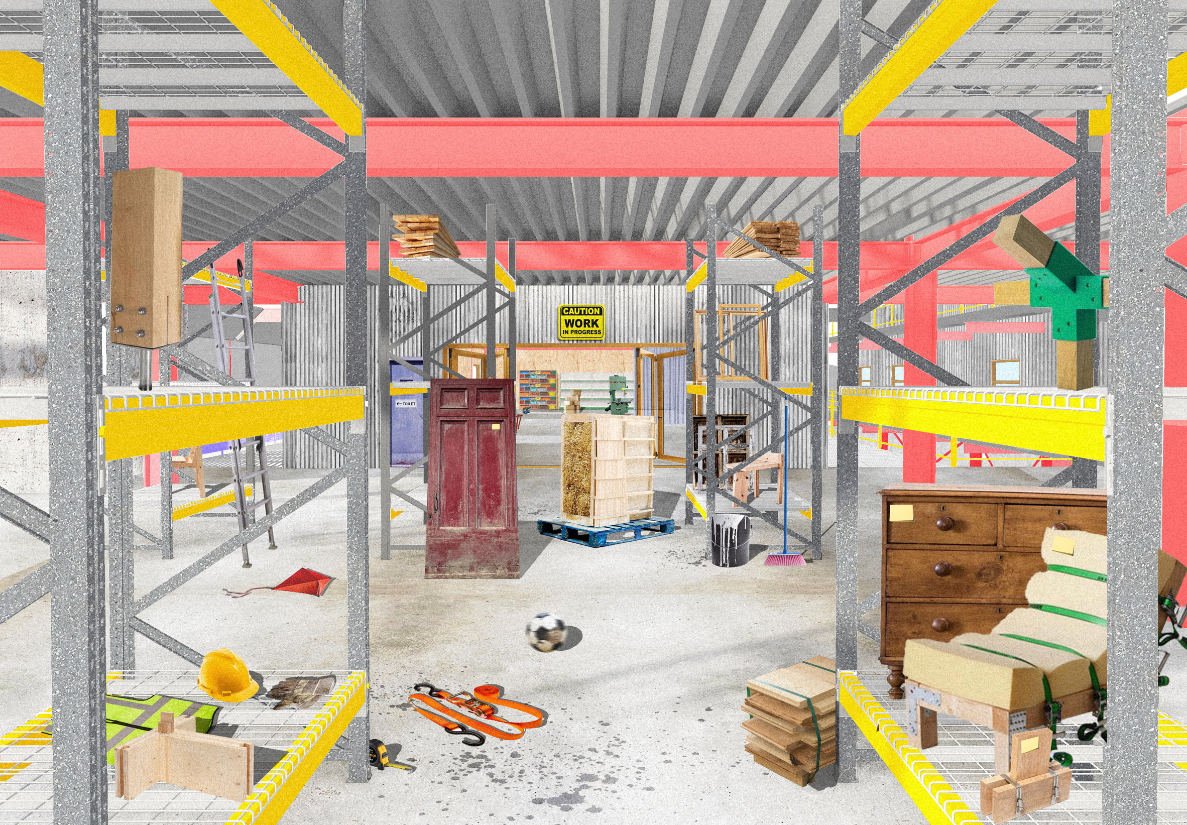 Architectural illustration of an abandoned makers space