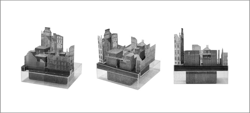 Three floating grey architectural graphics