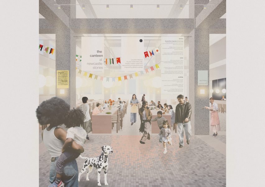 Render of a civic landmark with people inside 