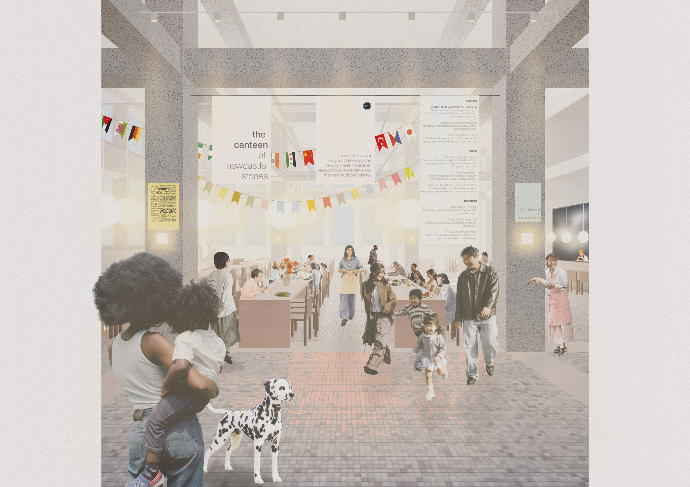 Render of a civic landmark with people inside 