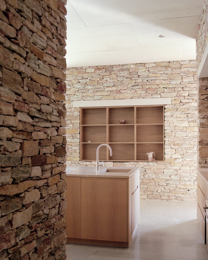 Stone-lined kitchen interior