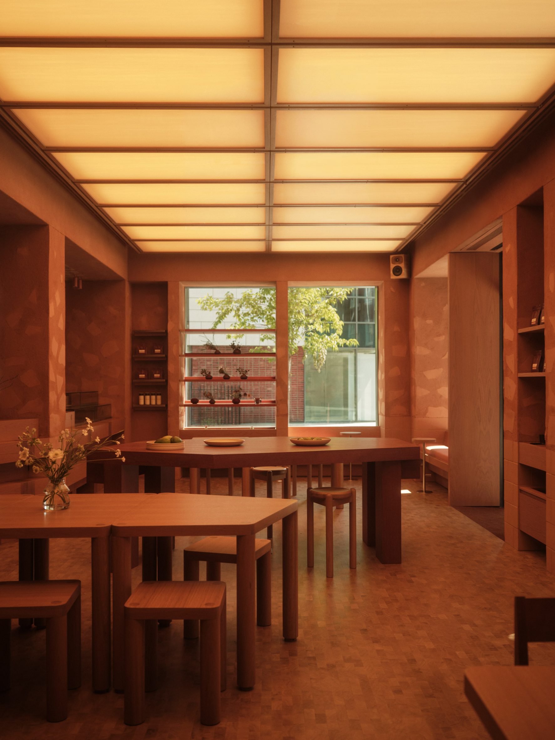 Opaque glass ceiling in London cafe