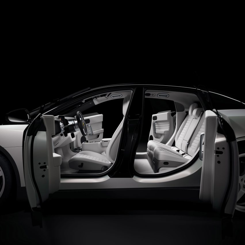 Interior of special edition all-white Ferrari EV