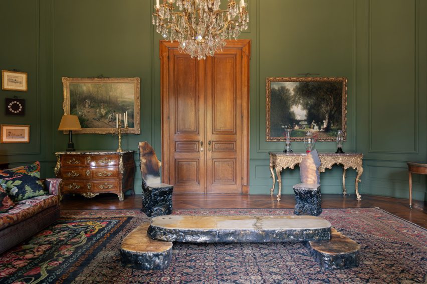 Nicolas Zanoni furniture in drawing room for God Speed exhibition by Uppercut at Chateau de Spycker