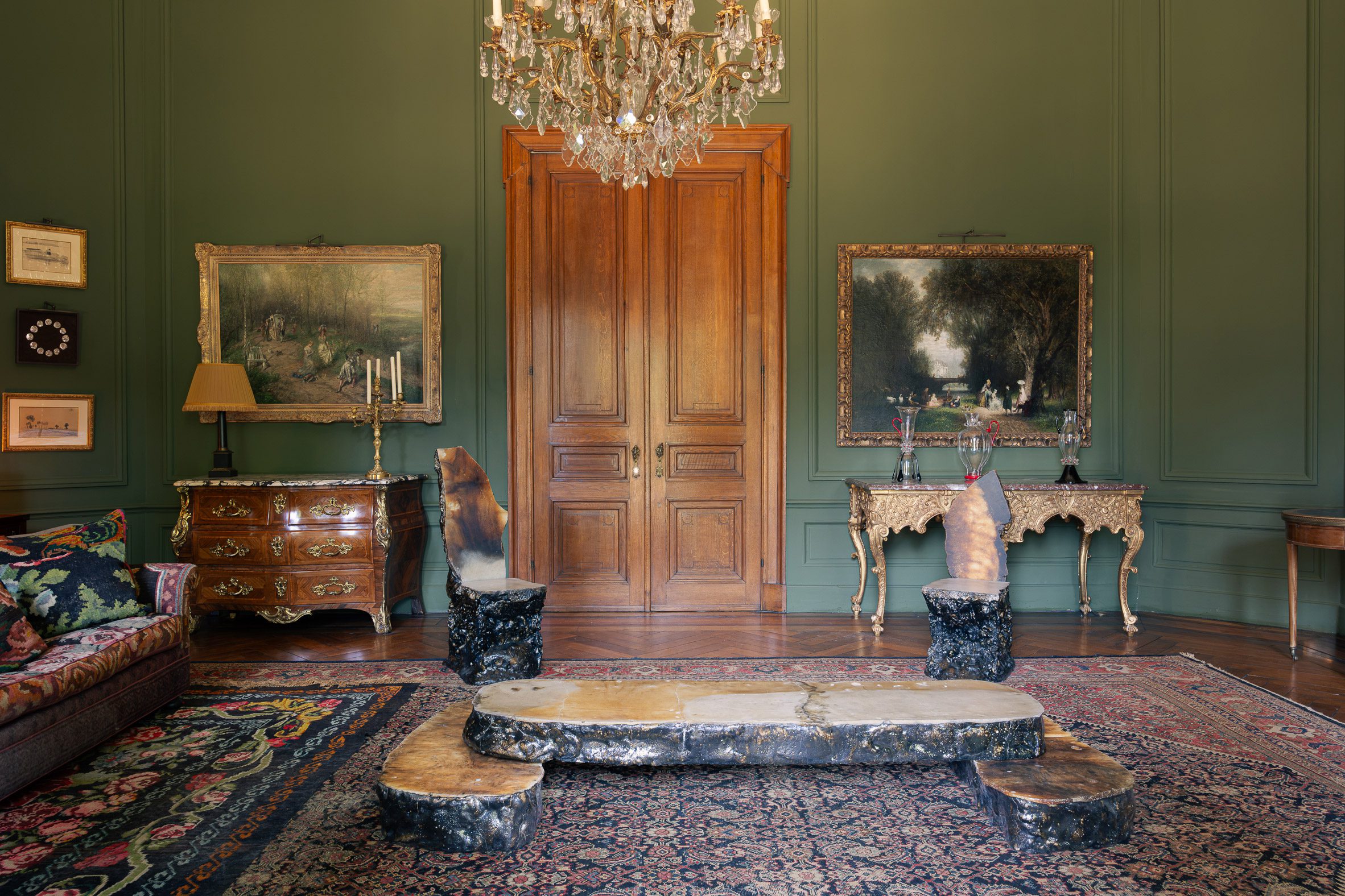 Nicolas Zanoni furniture in drawing room for God Speed exhibition by Uppercut at Chateau de Spycker