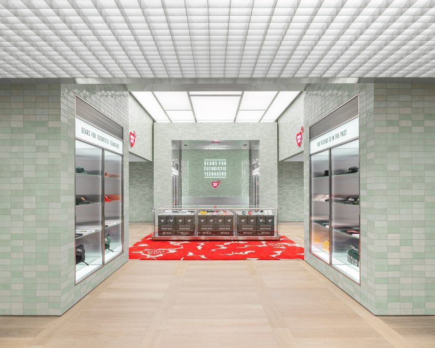Green store with red crates