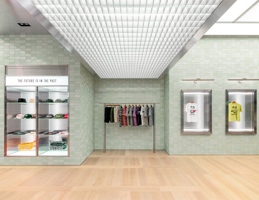 Gridded ceiling in retail store