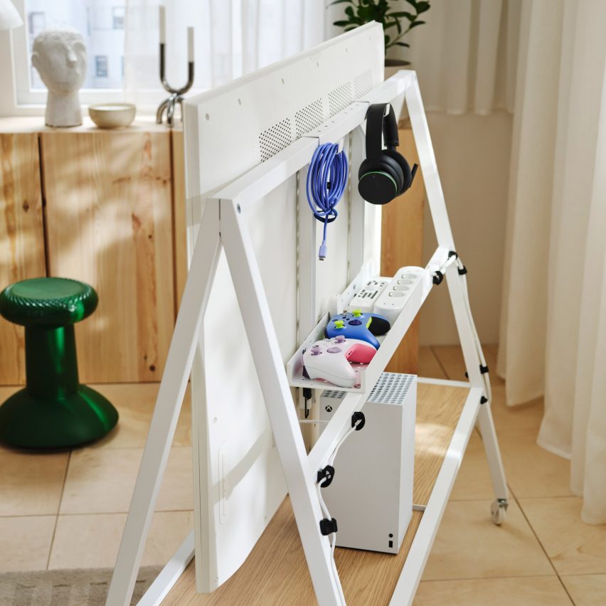 Rear view of white IKEA TV stand