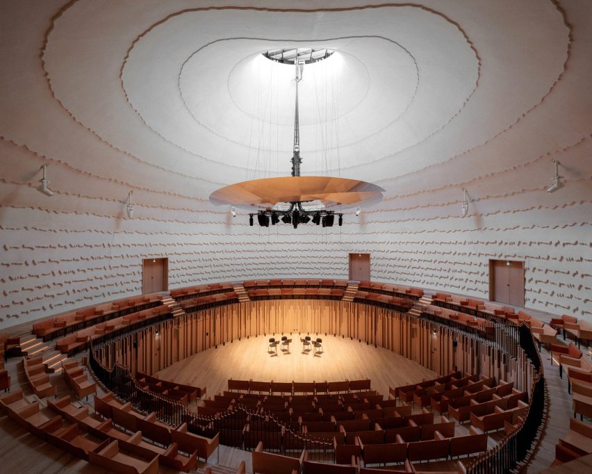 Acoustics shape design of copper-clad concert hall in Evian