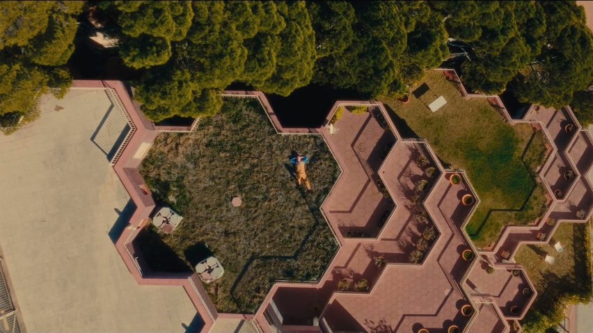 a photograph of a building from above