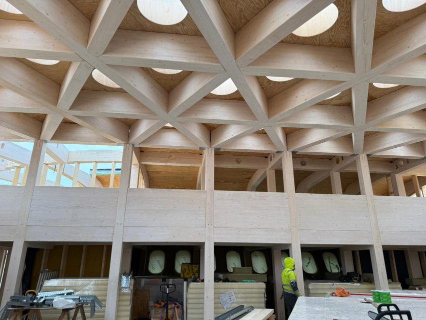 Mass-timber interior of an Antarctic research based
