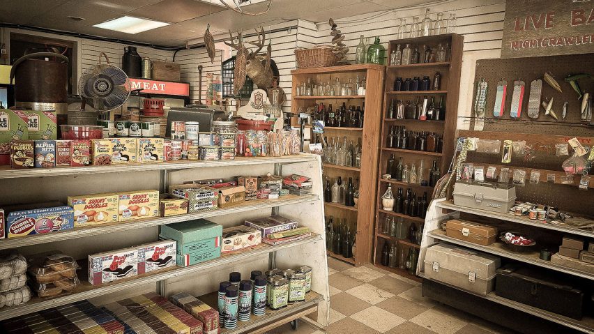 Dilapidated gas station with taxidermy animals