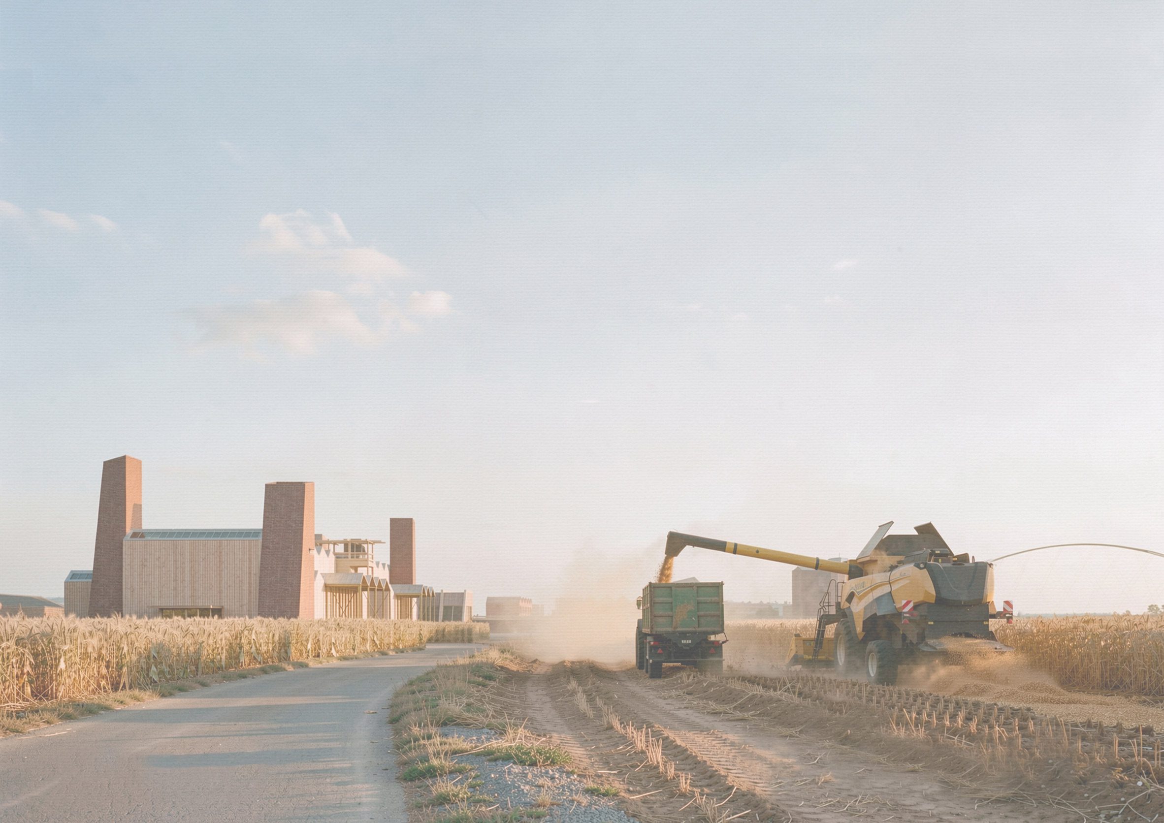 Visualisation showing a field being harvested with a large building in the background